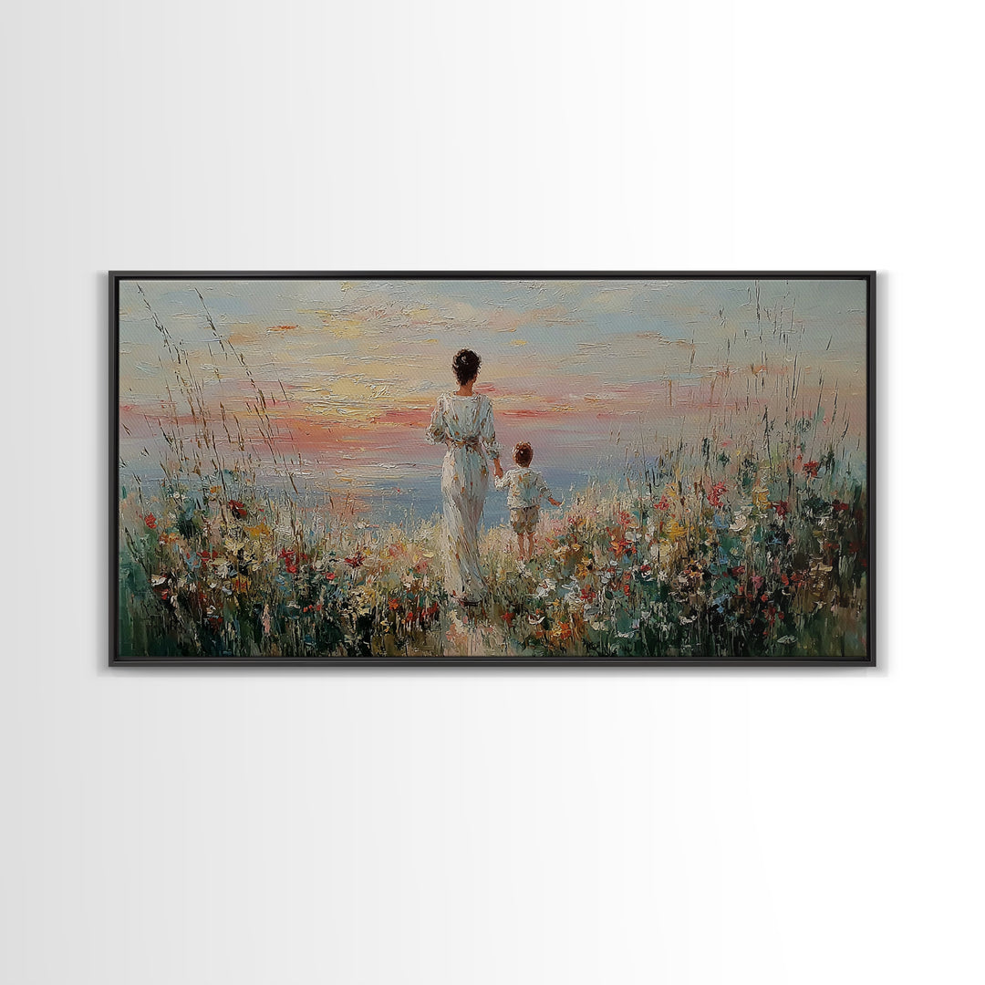 Mother And Child Ocean Meadow Wall Art, Impressionist Wildflower Seascape, Coastal Nursery Decor, Framed Canvas Print, Gift For Her