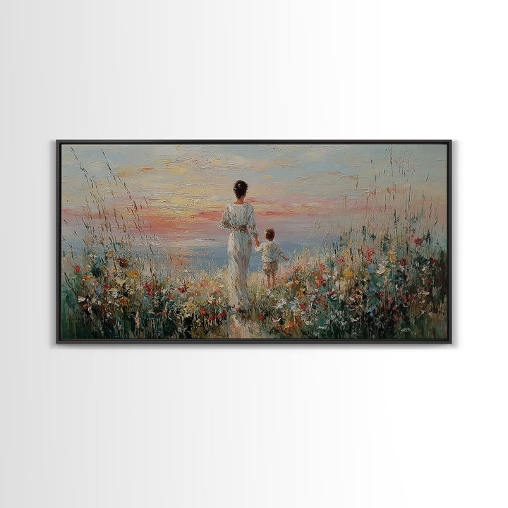 Mother And Child Ocean Meadow Wall Art, Impressionist Wildflower Seascape, Coastal Nursery Decor, Framed Canvas Print, Gift For Her