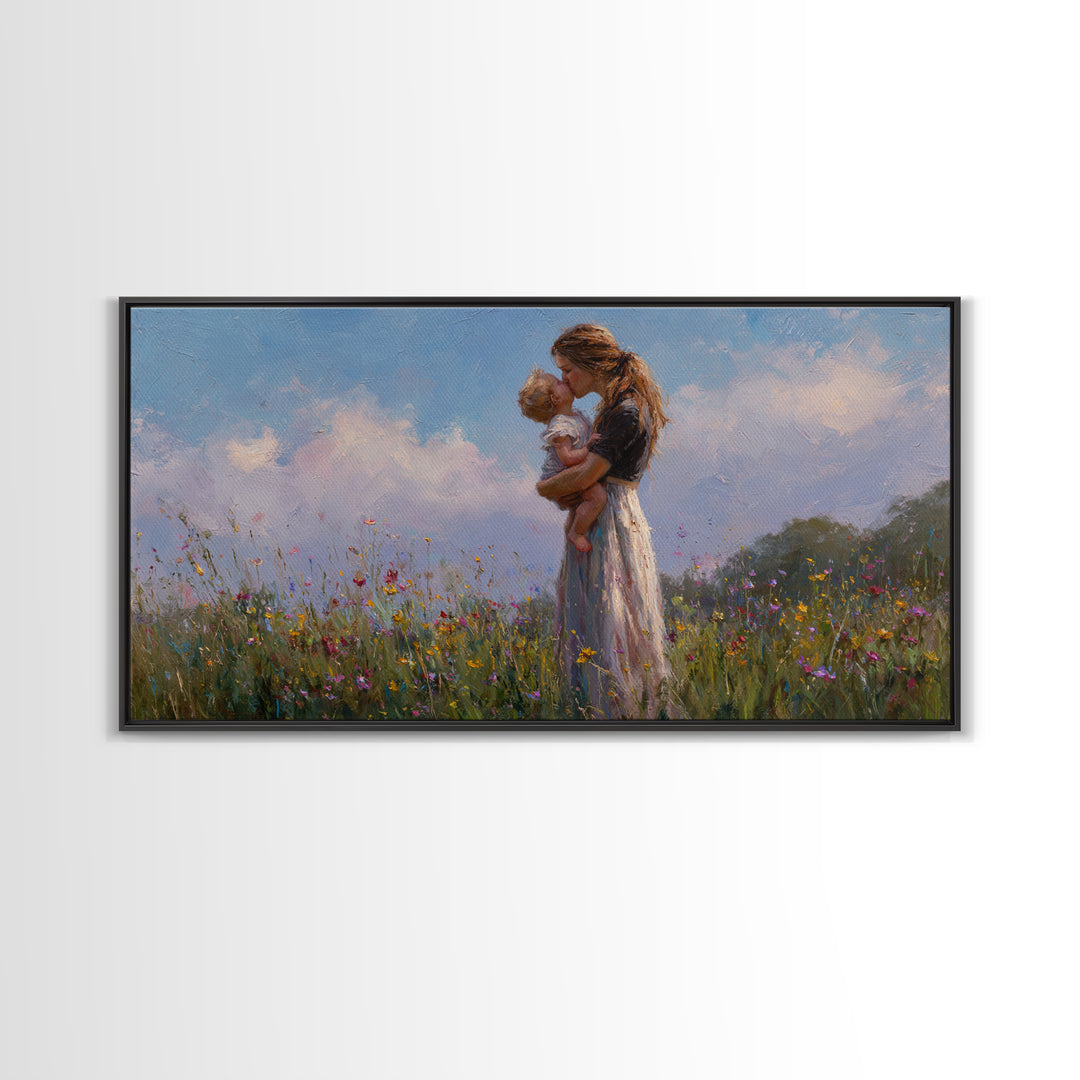 Mother Holding Baby In Wildflower Meadow Wall Art, Impressionist Canvas Print, Nursery Decor, Gift For Mom, Bedroom Decor