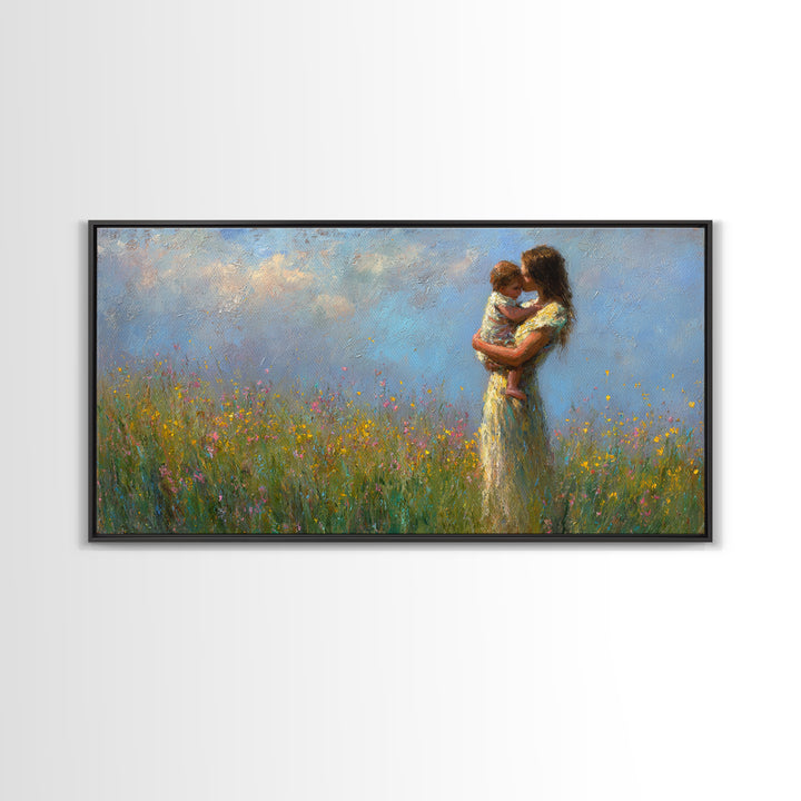 Mother And Child Embraced In Flower Field Wall Art, Impressionist Canvas Print, Floral Nursery Decor, Housewarming Gift, Gift For Mom