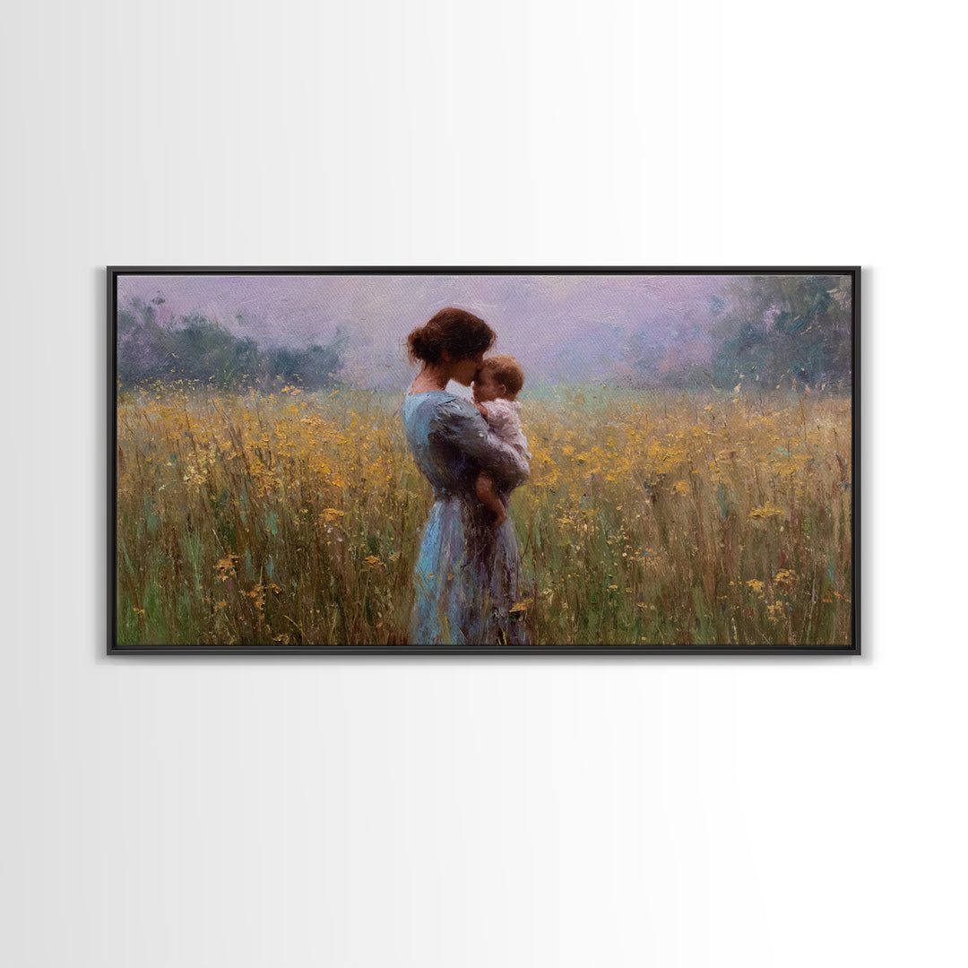 Mother Cuddling Baby In Golden Meadow Wall Art, Impressionist Canvas Print, Neutral Nursery Decor, Gift For Her, Living Room Decor