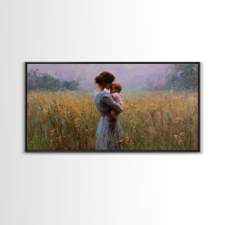 Mother Cuddling Baby In Golden Meadow Wall Art, Impressionist Canvas Print, Neutral Nursery Decor, Gift For Her, Living Room Decor