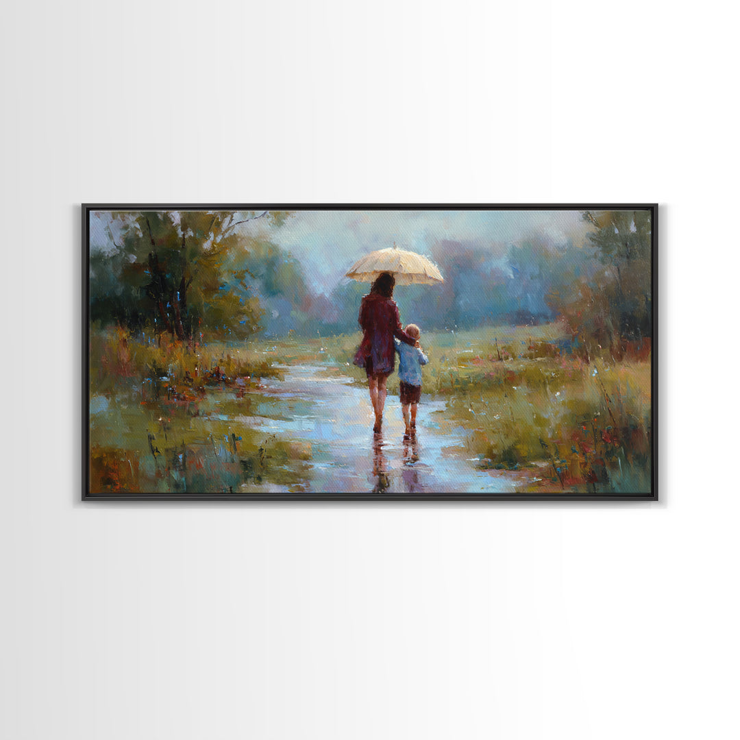 Mother And Child Walking In Rain With Umbrella Wall Art, Impressionist Canvas Print, Cozy Nursery Decor, Housewarming Gift