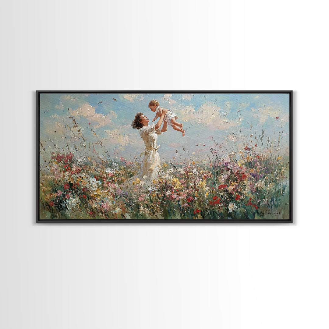 Mother Lifting Baby In Wildflower Meadow Wall Art, Impressionist Canvas Print, Floral Nursery Decor, Gift For Mom, Home Decor