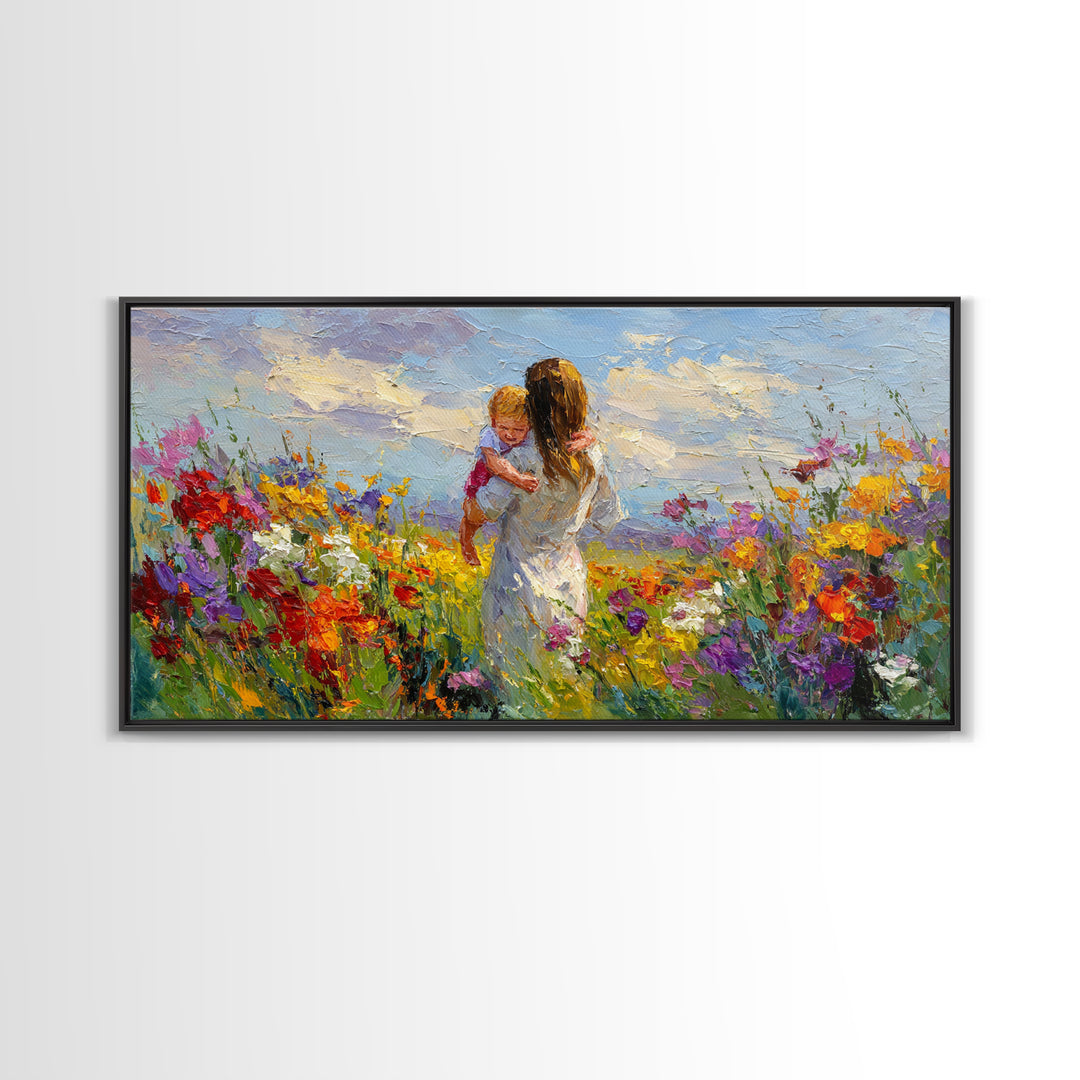 Woman Holding Baby In Vibrant Wildflower Meadow Framed Canvas Print, Mothers Day Gift, Floral Wall Art, Nursery Decor, Living Room Decor