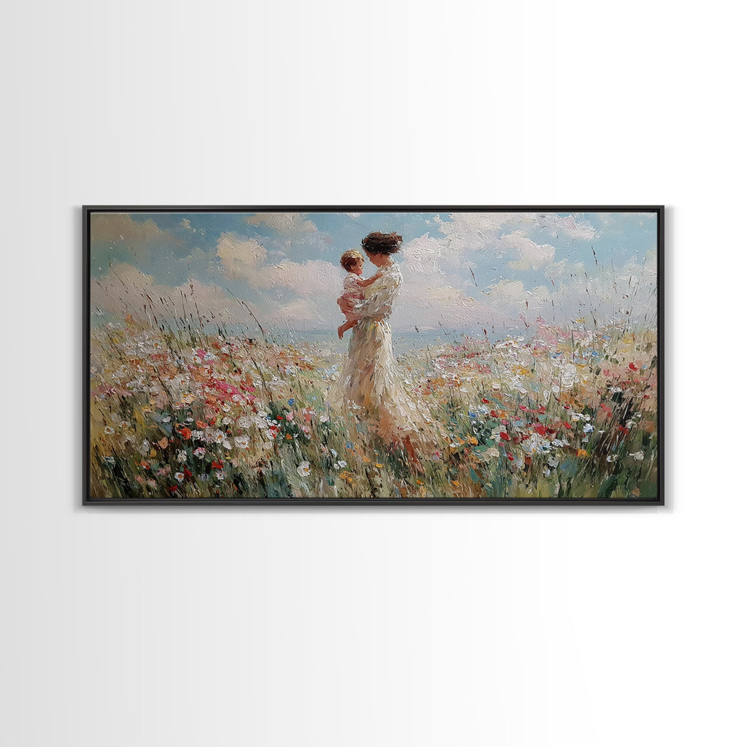 Mother And Baby In Soft Coastal Wildflower Field Canvas Print, Serene Floral Wall Art, Gift For Her, Bedroom Decor, Large Wall Art