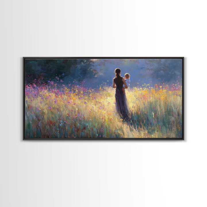 Backlit Mother Holding Baby In Glowing Wildflower Meadow Canvas Print, Moody Wall Art, Floral Wall Decor, Gift For Her, Large Wall Art
