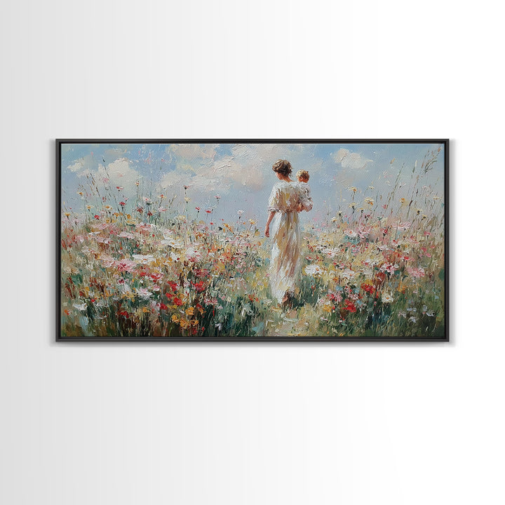 Mother And Baby Amid White Daisies And Red Poppies Framed Canvas Print, Floral Wall Art, Nursery Decor, Gift For Her, Living Room Decor