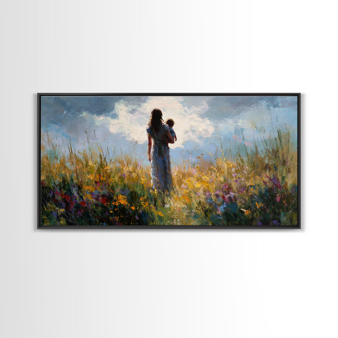 Mother And Baby In Windswept Summer Wildflower Field Canvas Print, Floral Wall Art, Gift For Her, Calming Bedroom Decor, Nursery Wall Art