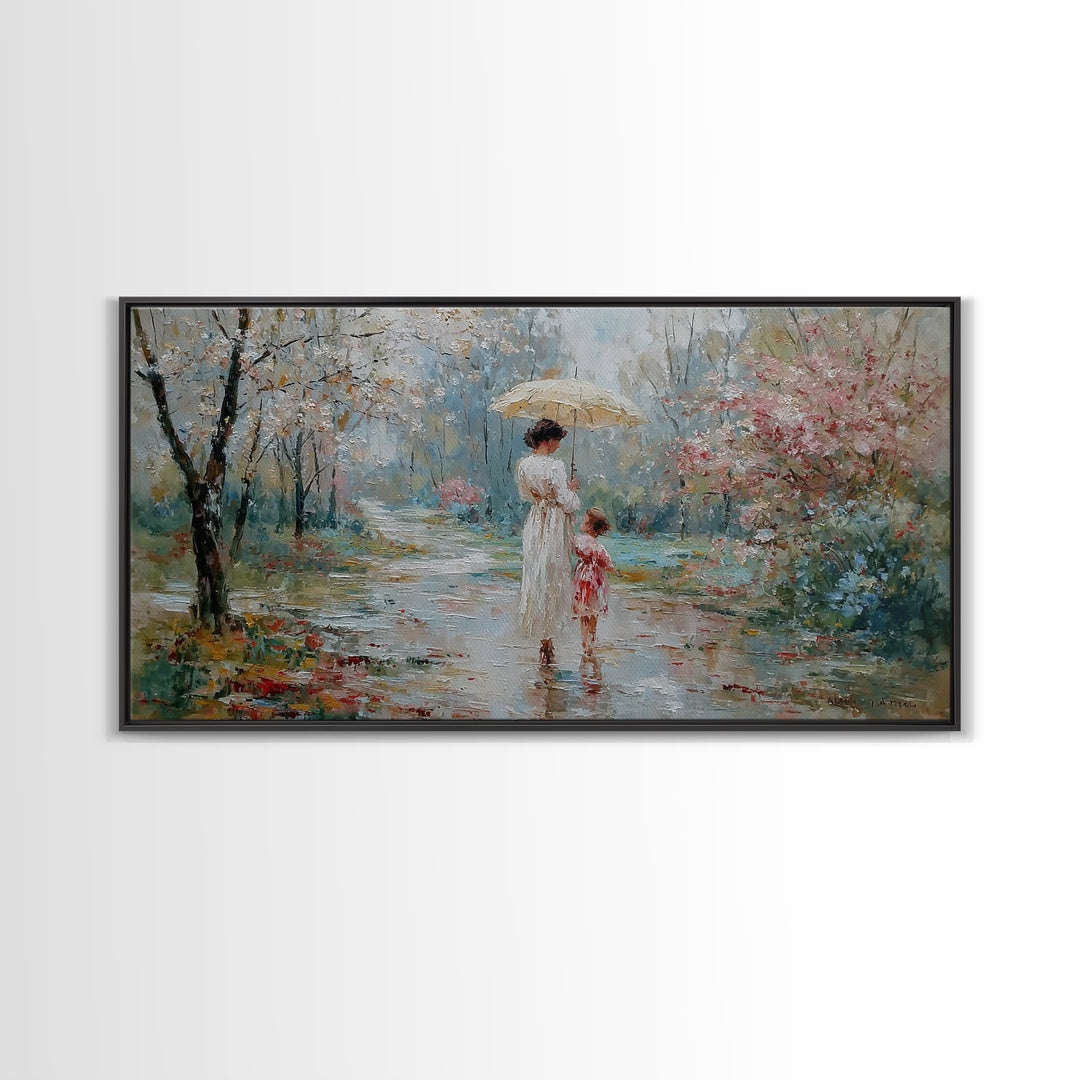 Mother And Child Walking Under Umbrella In Rainy Spring Garden Wall Art, Impressionist Painting, Gift For Her, Nursery Decor