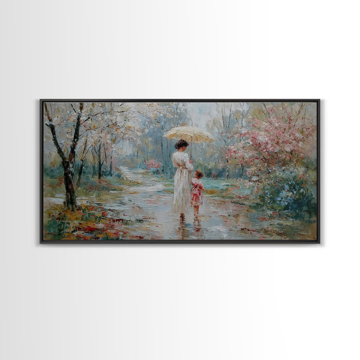 Mother And Child Walking Under Umbrella In Rainy Spring Garden Wall Art, Impressionist Painting, Gift For Her, Nursery Decor