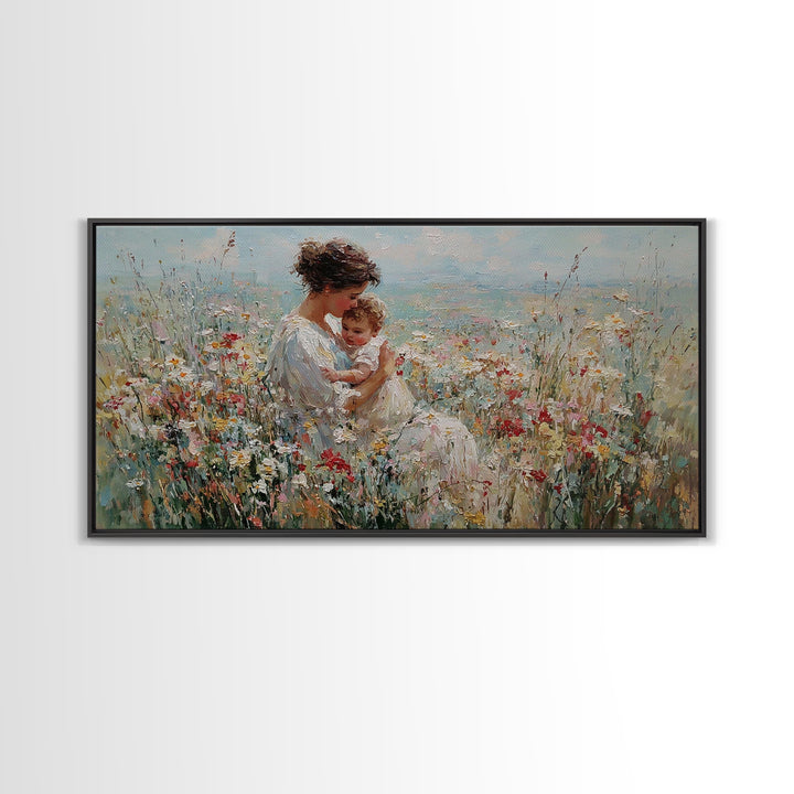 Mother Holding Smiling Baby Among Wildflowers By Sea Canvas Print, Coastal Wall Art, Mothers Day Gift, Living Room Decor