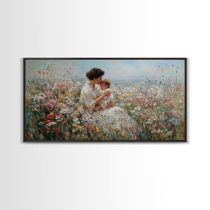 Seated Mother And Child In Coastal Wildflower Meadow Canvas Print, Impressionist Family Wall Art, Nursery Decor Gift For Her