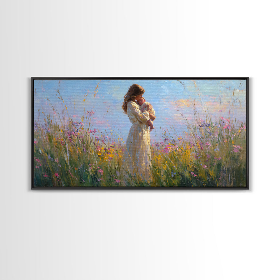 Backlit Mother And Baby In Sunlit Meadow Canvas Print, Impressionist Wildflower Wall Art, Feminine Nursery Decor Gift For Mom