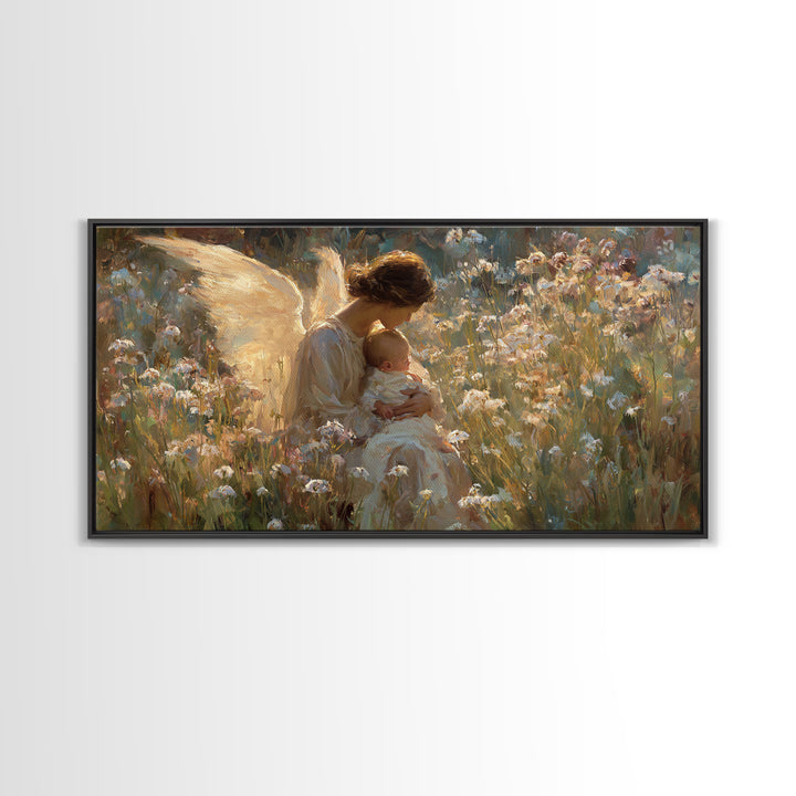 Sunlit Angel Cradling Baby Wall Art, Wildflower Meadow Painting, Christian Nursery Decor, Spiritual Gift For Mom, Canvas Art