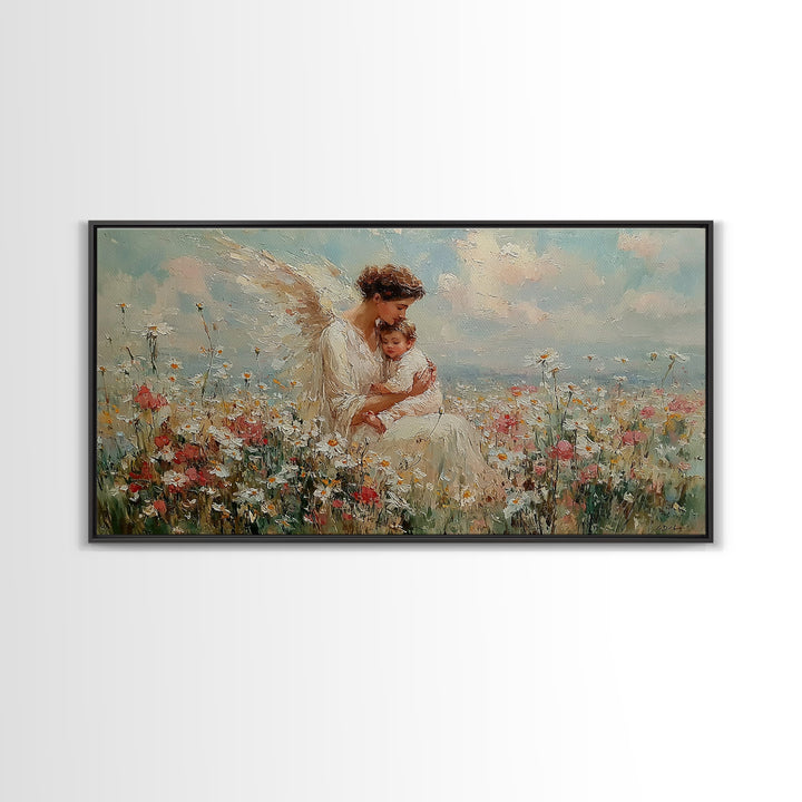 Angel And Baby In Flower Field Framed Canvas Print, Dreamy Christian Wall Art, Wildflower Nursery Decor, Gift For Her, Fine Art