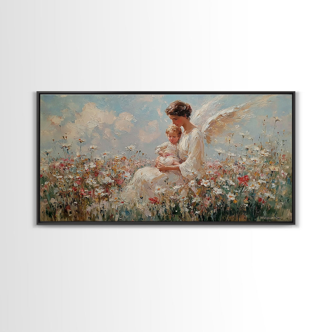 Guardian Angel With Baby Canvas Print, White Wildflower Meadow Painting, Christian Nursery Wall Art, Spiritual Gift For Mom