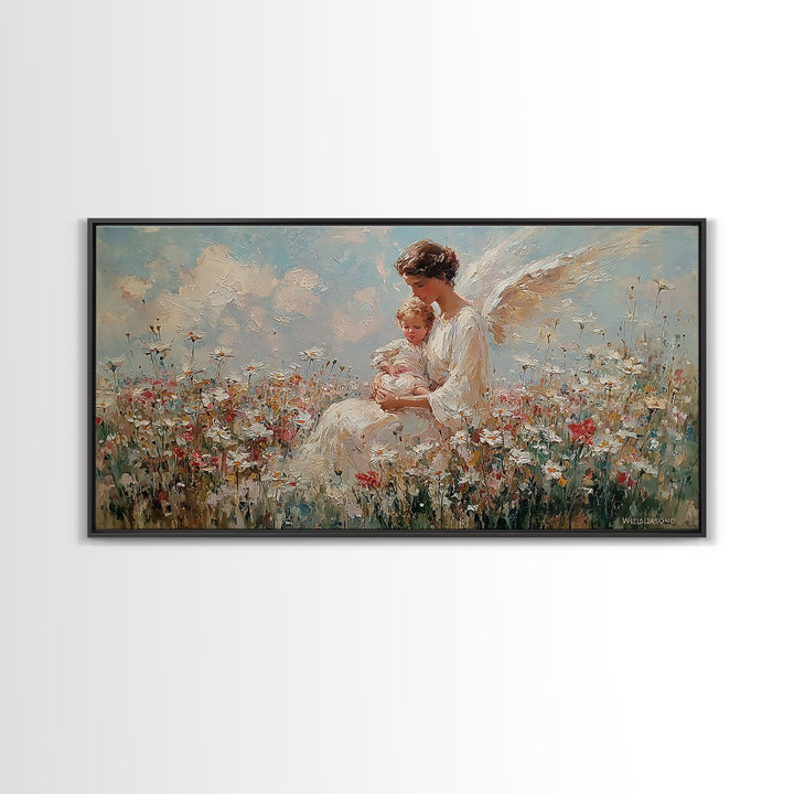 Guardian Angel With Baby Canvas Print, White Wildflower Meadow Painting, Christian Nursery Wall Art, Spiritual Gift For Mom