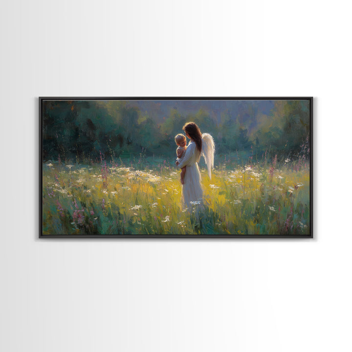 Angel Mother Holding Baby Wall Art, Luminous Meadow Oil Painting, Christian Nursery Decor, Spiritual Wall Decor, Gift For Her