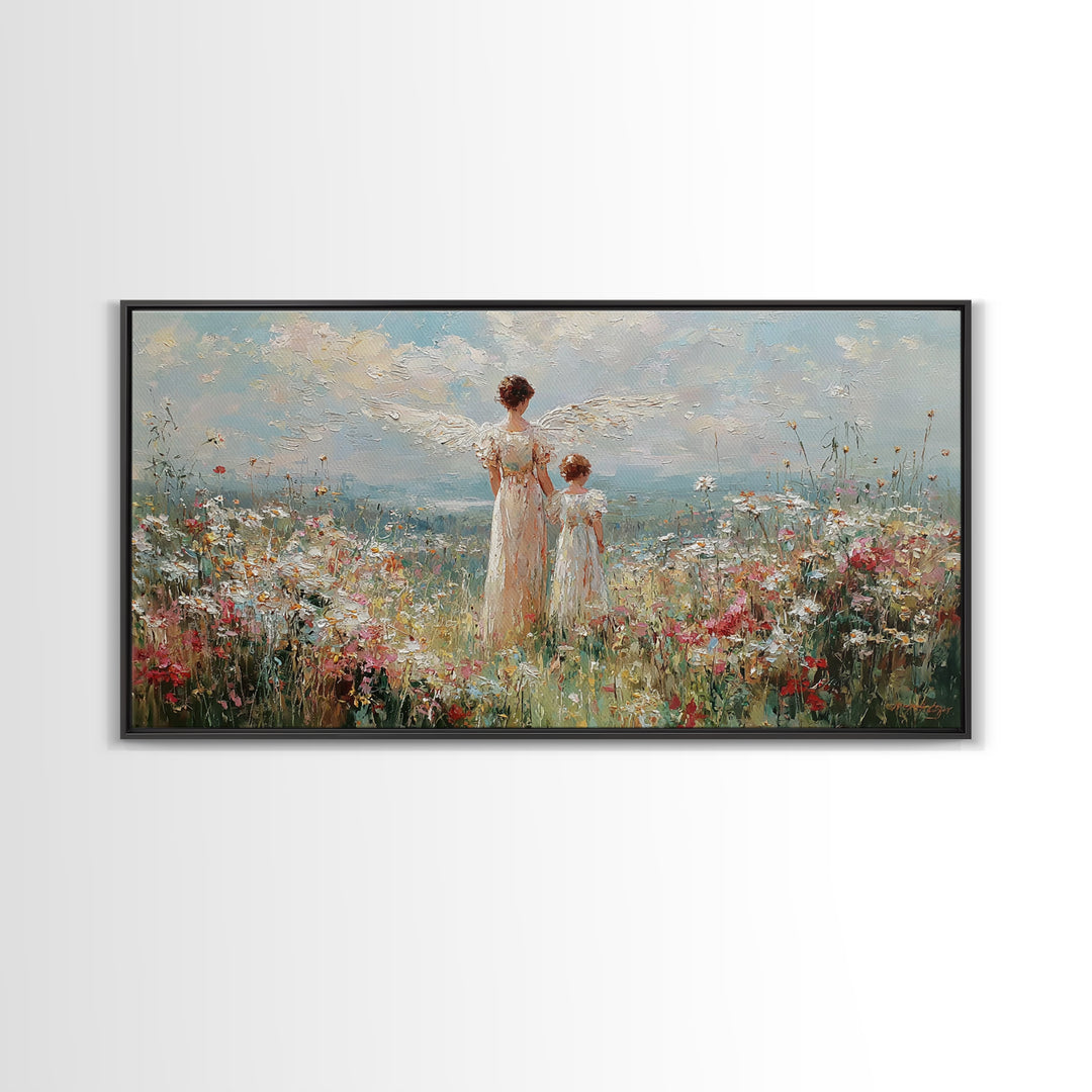 Angel And Child In Wildflower Field Framed Canvas Print, Impressionist Christian Wall Art, Floral Nursery Decor, Gift For Her