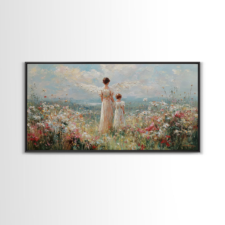 Angel And Child In Wildflower Field Framed Canvas Print, Impressionist Christian Wall Art, Floral Nursery Decor, Gift For Her