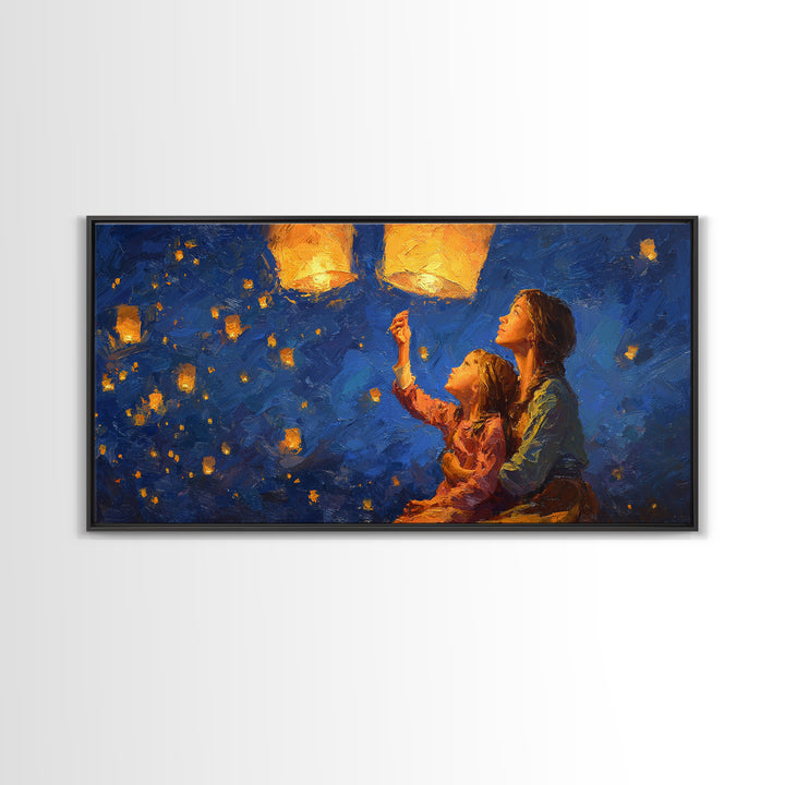Mother And Child Lantern Festival Canvas Print, Blue Night Sky Painting, Whimsical Wall Art, Family Gift, Cozy Home Decor