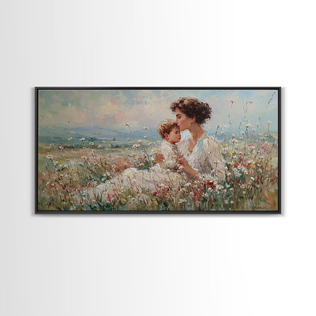 Seated Mother And Child In Soft Wildflower Field Canvas Print, Impressionist Floral Wall Art, Gift For Mom, Living Room Decor