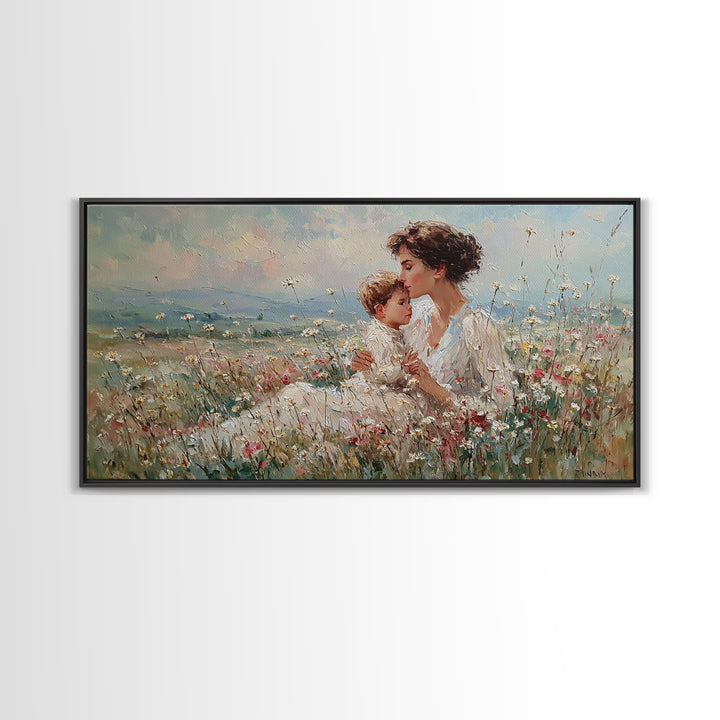 Seated Mother And Child In Soft Wildflower Field Canvas Print, Impressionist Floral Wall Art, Gift For Mom, Living Room Decor