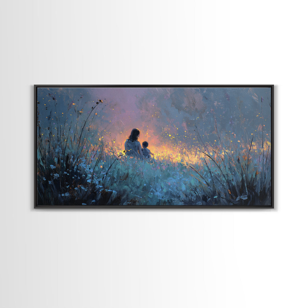 Silhouetted Mother And Child In Glowing Blue Meadow Canvas Print, Moody Wall Art, Celestial Nursery Decor Gift For Mom, Home Decor
