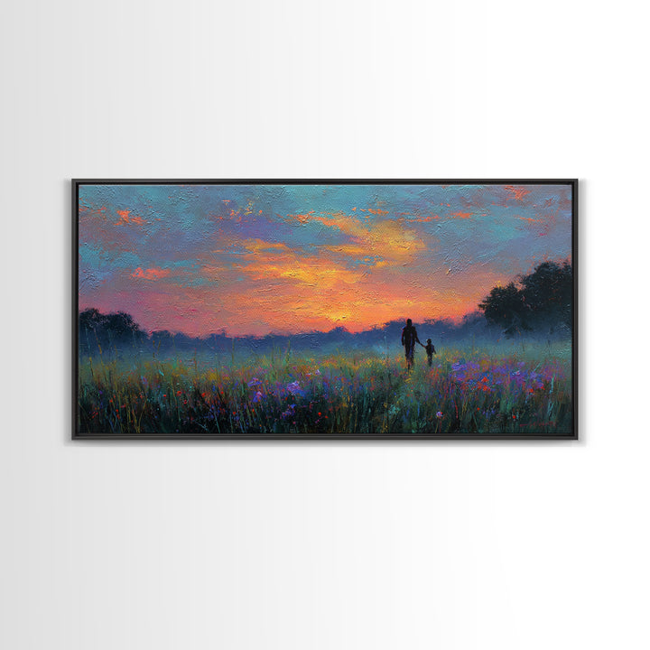 Sunset Meadow Silhouette Framed Canvas Print, Colorful Landscape Wall Art, Mother Child Decor, Living Room Art, Housewarming Gift