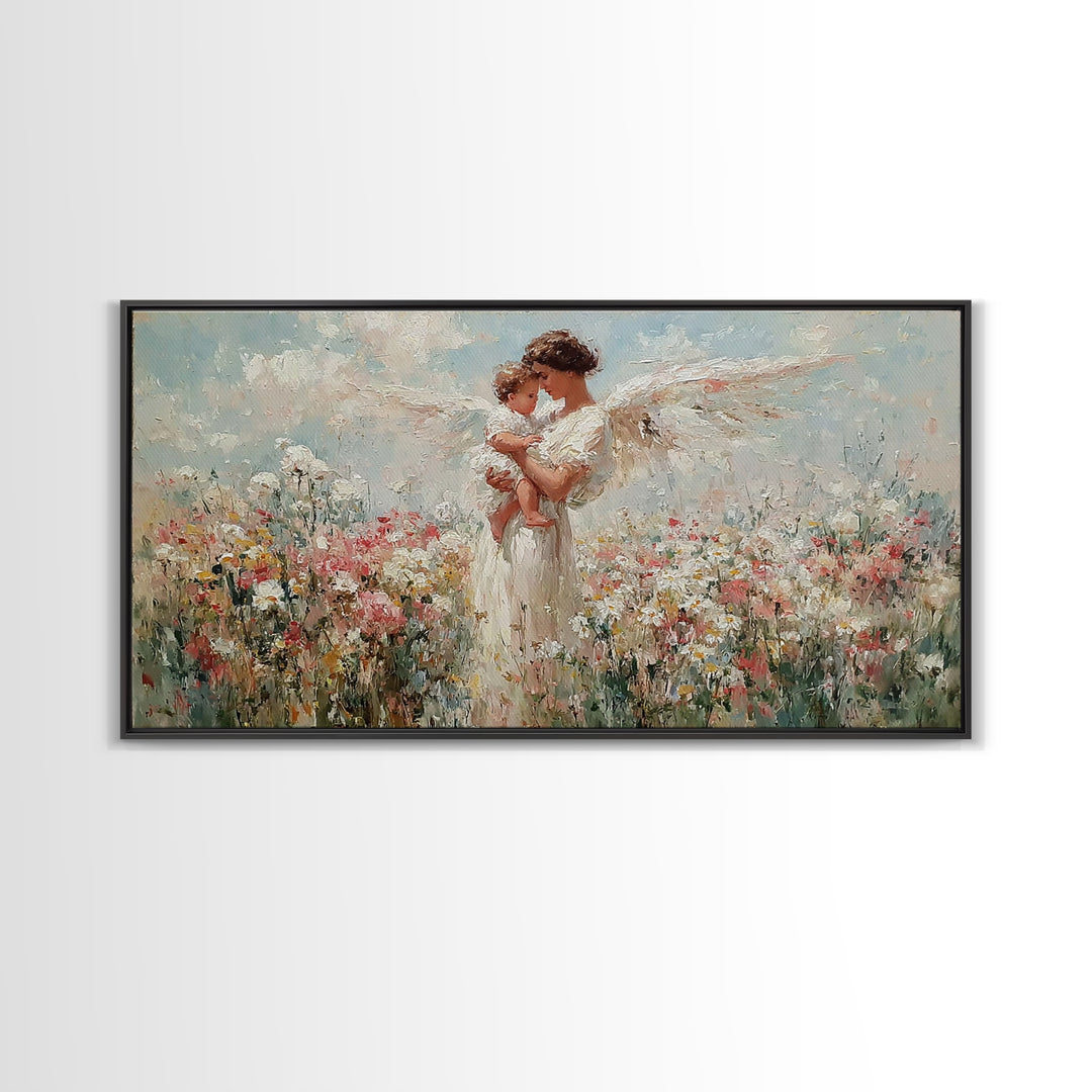 Angel Mother Holding Baby Wall Art, White Wings Wildflower Canvas Print, Spiritual Nursery Decor, Gift For Mom, Christian Wall Art