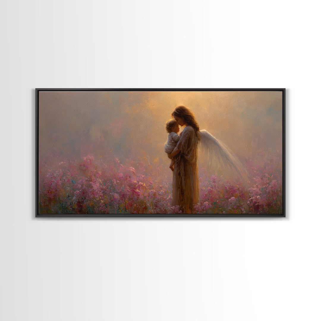 Angel Mother And Child Pink Garden Canvas Print, Ethereal Christian Wall Art, Spiritual Nursery Decor, Gift For Mom, Gift For Her