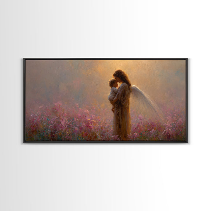 Angel Mother And Child Pink Garden Canvas Print, Ethereal Christian Wall Art, Spiritual Nursery Decor, Gift For Mom, Gift For Her