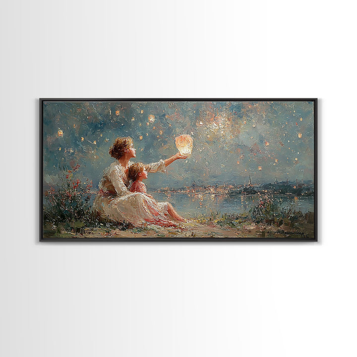 Mother And Child With Lantern By Moonlit Lake Framed Canvas Print, Impressionist Wall Art For Nursery And Coastal Decor Gift