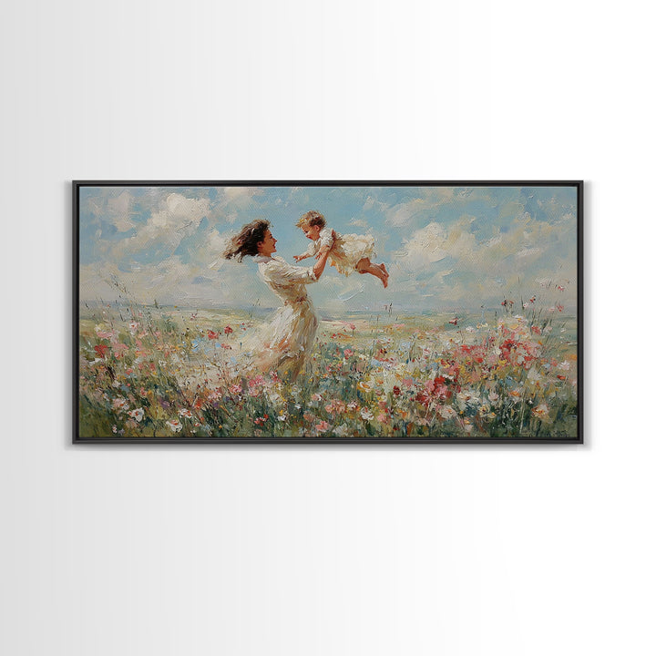 Mother Lifting Baby In Breezy Flower Field Canvas Print, Impressionist Wall Art For Nursery, Bedroom Decor, And Gift For Her