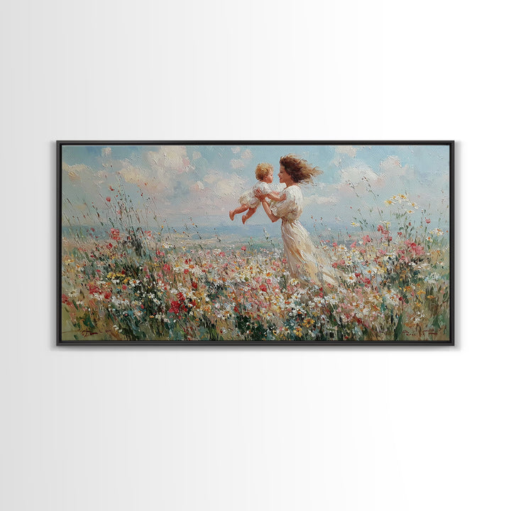Mother Holding Baby In Seaside Wildflower Meadow Wall Art, Coastal Canvas Print For Nursery Decor And Mothers Day Gift For Her