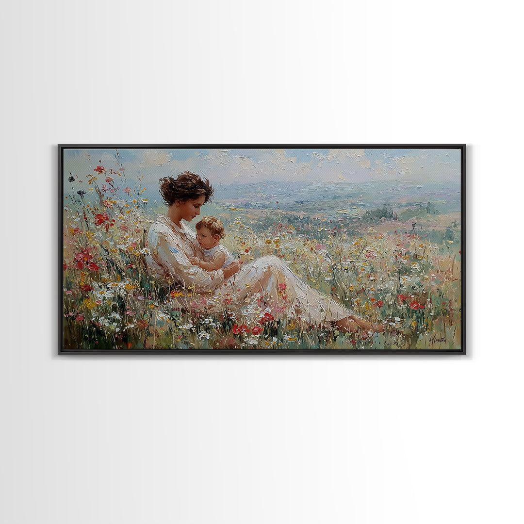 Nursing Mother With Baby In Sunlit Flower Meadow Wall Art, Impressionist Canvas Print For Nursery Decor And Housewarming Gift
