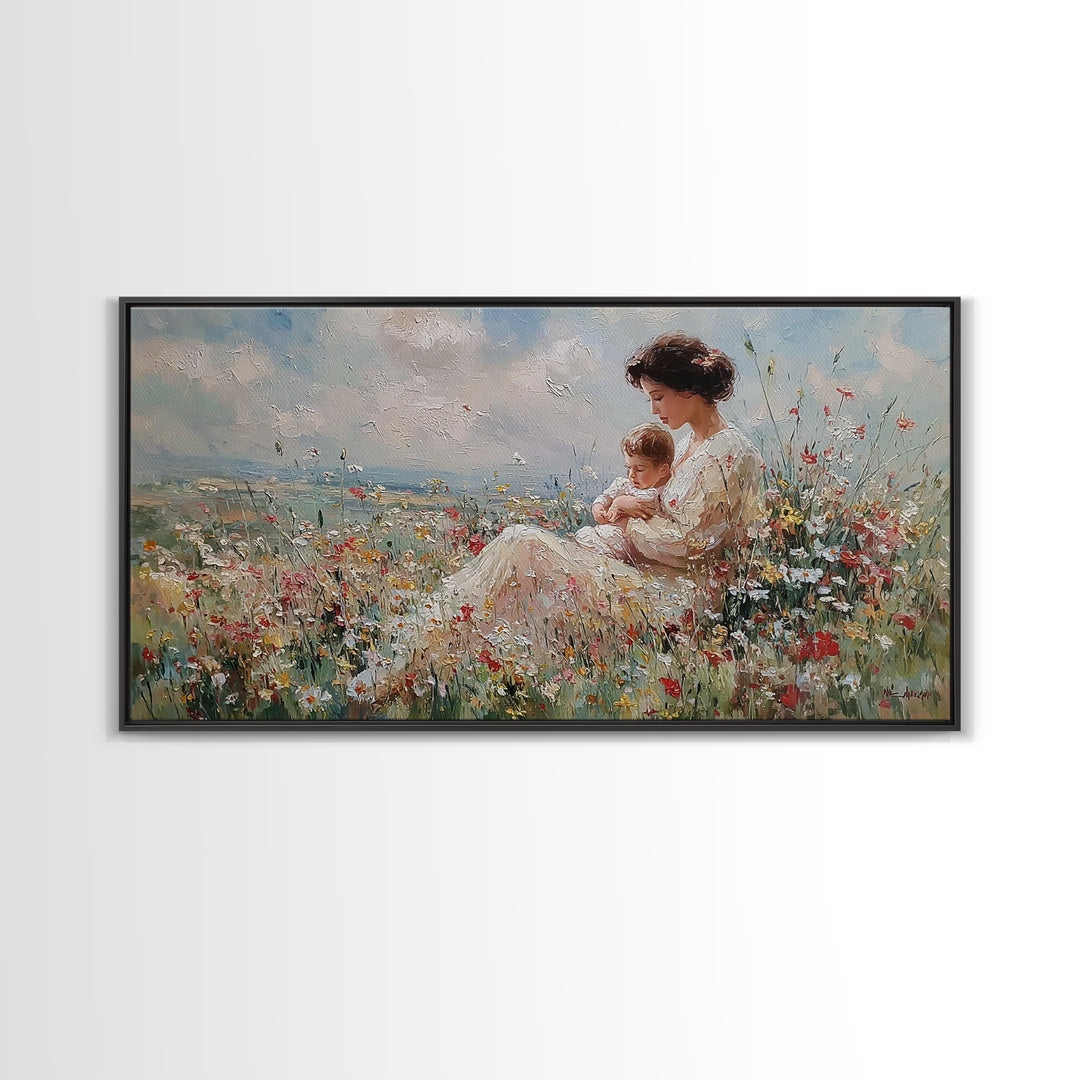 Seated Mother Nursing Baby In Meadow Wildflowers Framed Canvas Print, Impressionist Wall Art For Nursery And Bedroom Decor