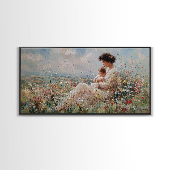 Seated Mother Nursing Baby In Meadow Wildflowers Framed Canvas Print, Impressionist Wall Art For Nursery And Bedroom Decor