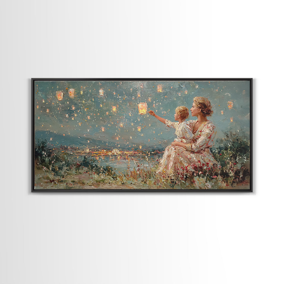 Mother And Child Sky Lanterns Over Lake Wall Art, Dreamy Night Landscape, Romantic Decor, Gift For Mom, Bedroom Wall Art