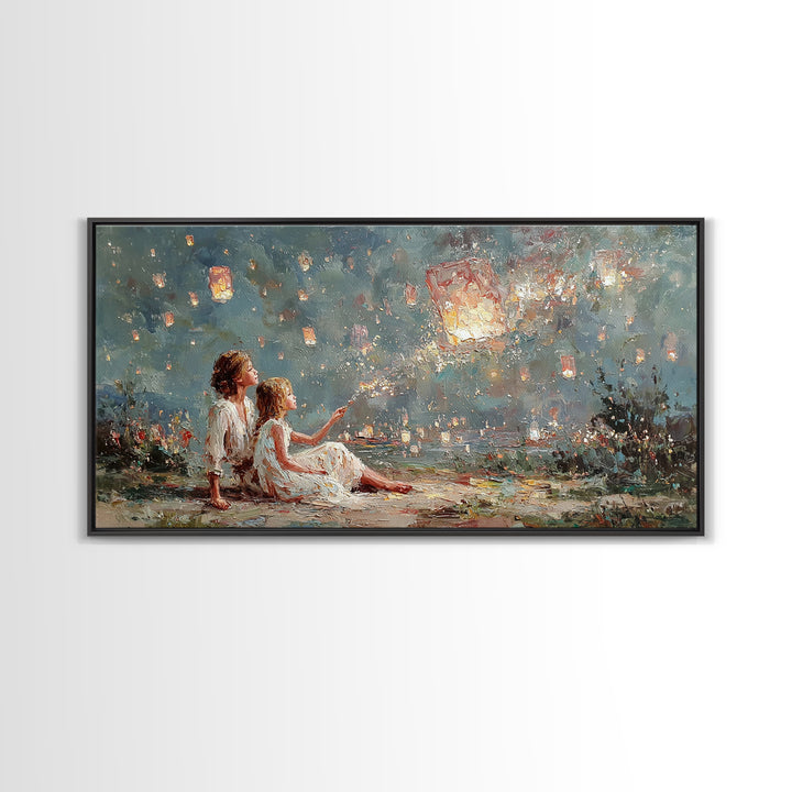 Children Launching Glowing Sky Lanterns Canvas Print, Magical Lake Wall Art, Whimsical Decor, Nursery Art, Gift For Her, Bedroom Decor