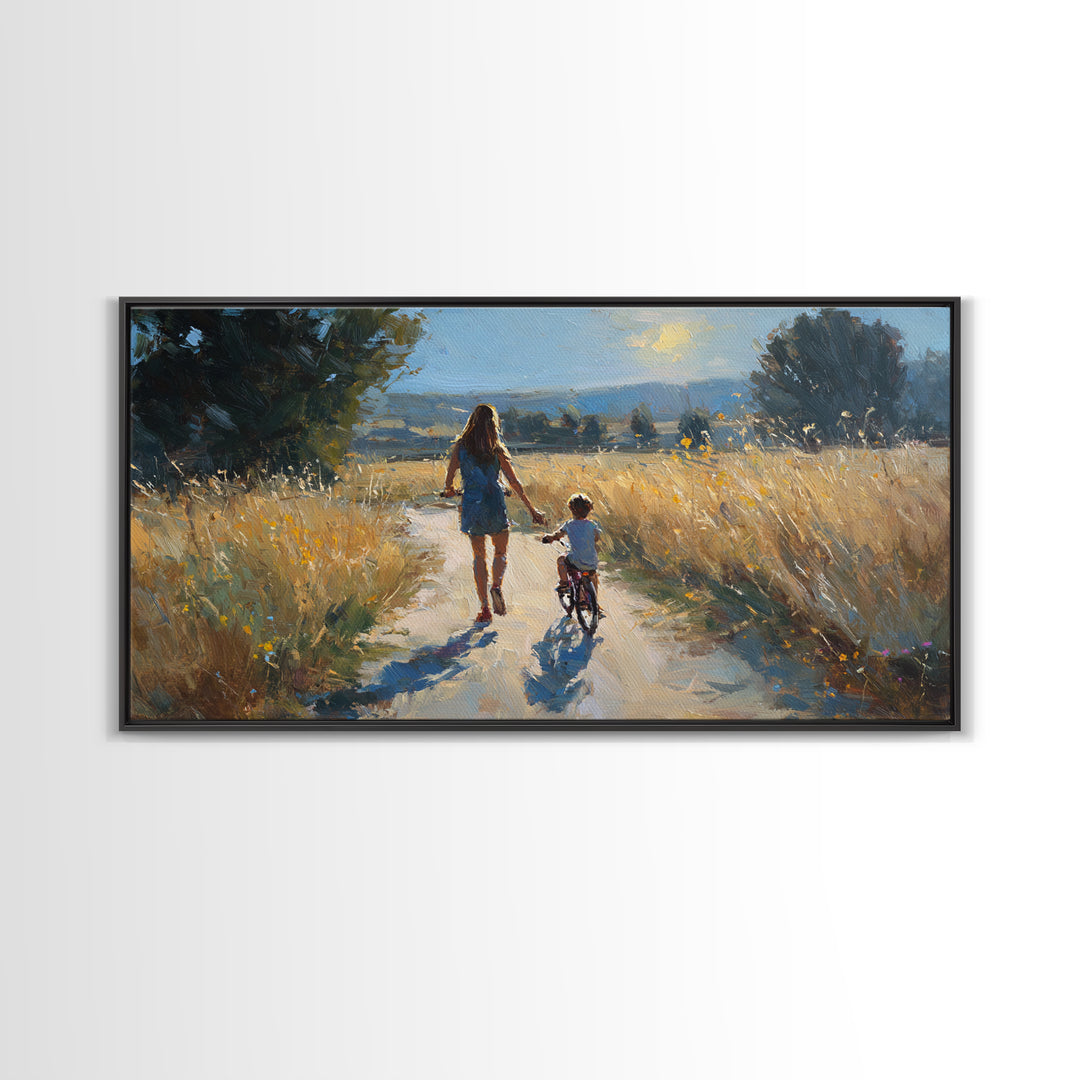 Mother Walking Child With Bicycle Through Golden Fields Canvas Print, Country Landscape Wall Art, Family Living Room Decor