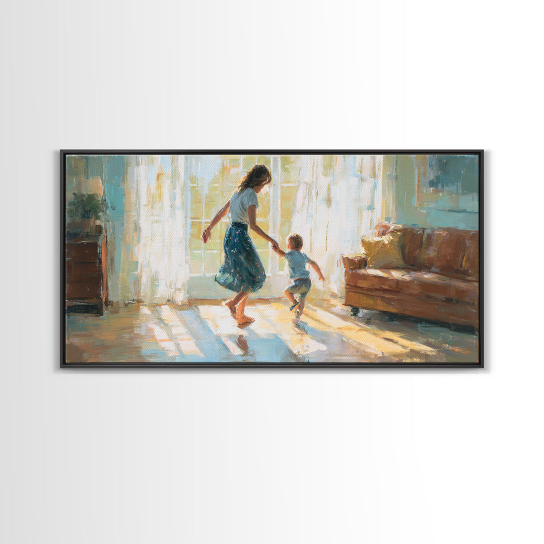 Mother And Toddler Dancing In Sunlit Living Room Canvas Print, Warm Family Wall Art, Cozy Home Decor, Gift For Her, Bedroom Decor