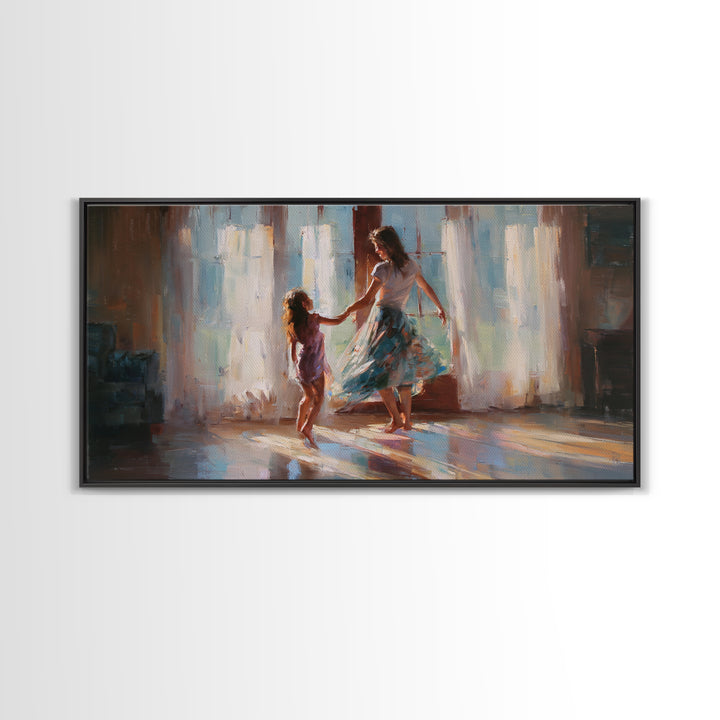 Mother And Daughter Dancing By Bright Windows Framed Canvas Print, Sunlit Family Wall Art, Feminine Home Decor Gift, Living Room Decor