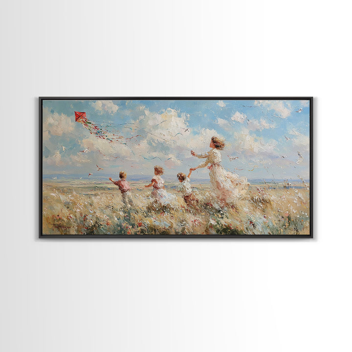 Mother And Children Flying Kite Canvas Print, Coastal Meadow Wall Art, Impressionist Family Decor, Beach House Gift For Mom