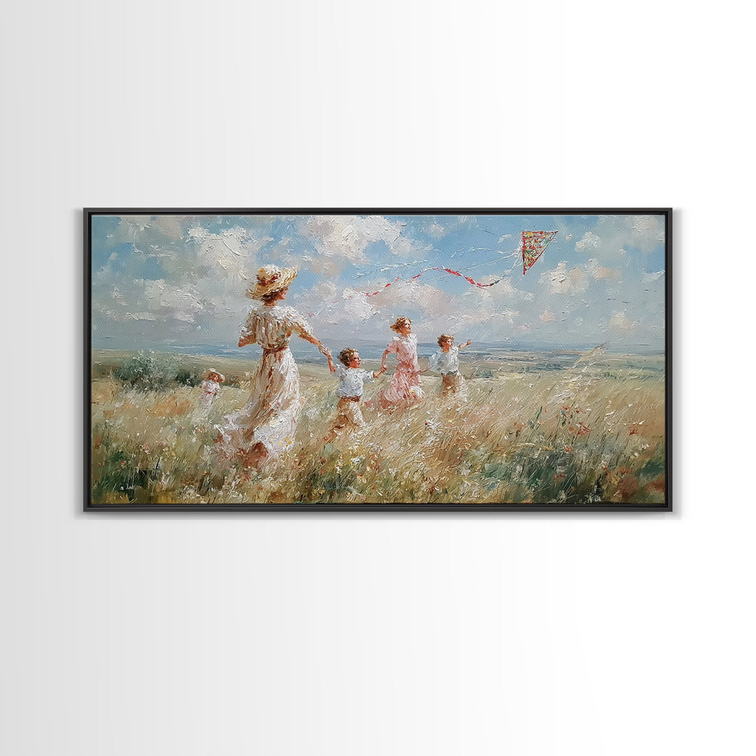 Woman And Children Run With Kite Canvas Print, Windy Meadow Wall Art, Coastal Landscape Art, Nursery Decor, Gift For Mom