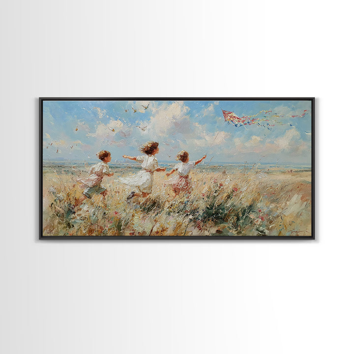 Children Running Through Meadow Canvas Print, Kite Flying Wall Art, Impressionist Landscape, Playroom Decor, Gift For Her