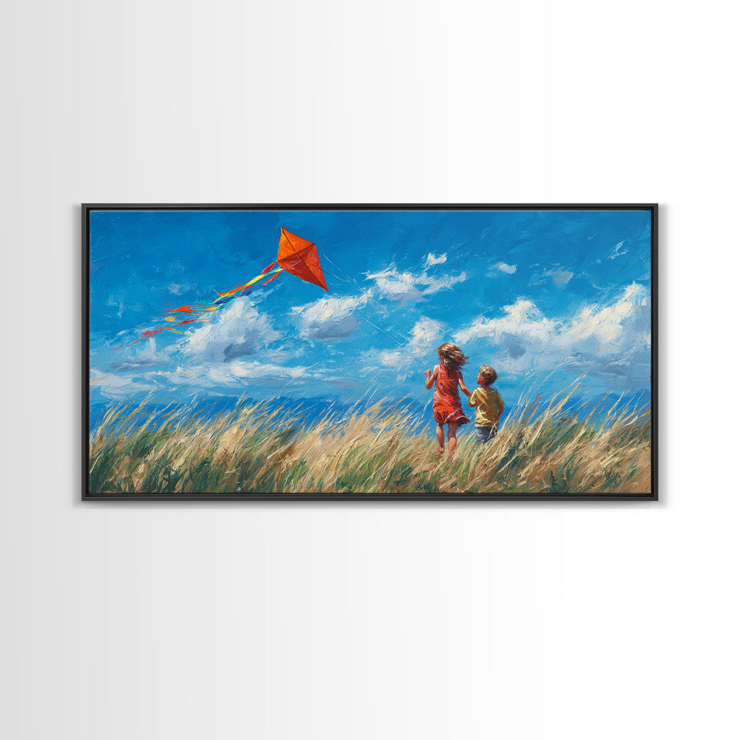 Two Children Flying Red Kite Canvas Print, Bright Blue Sky Wall Art, Summer Meadow Decor, Kids Room Art, Gift For Mom, Home Decor
