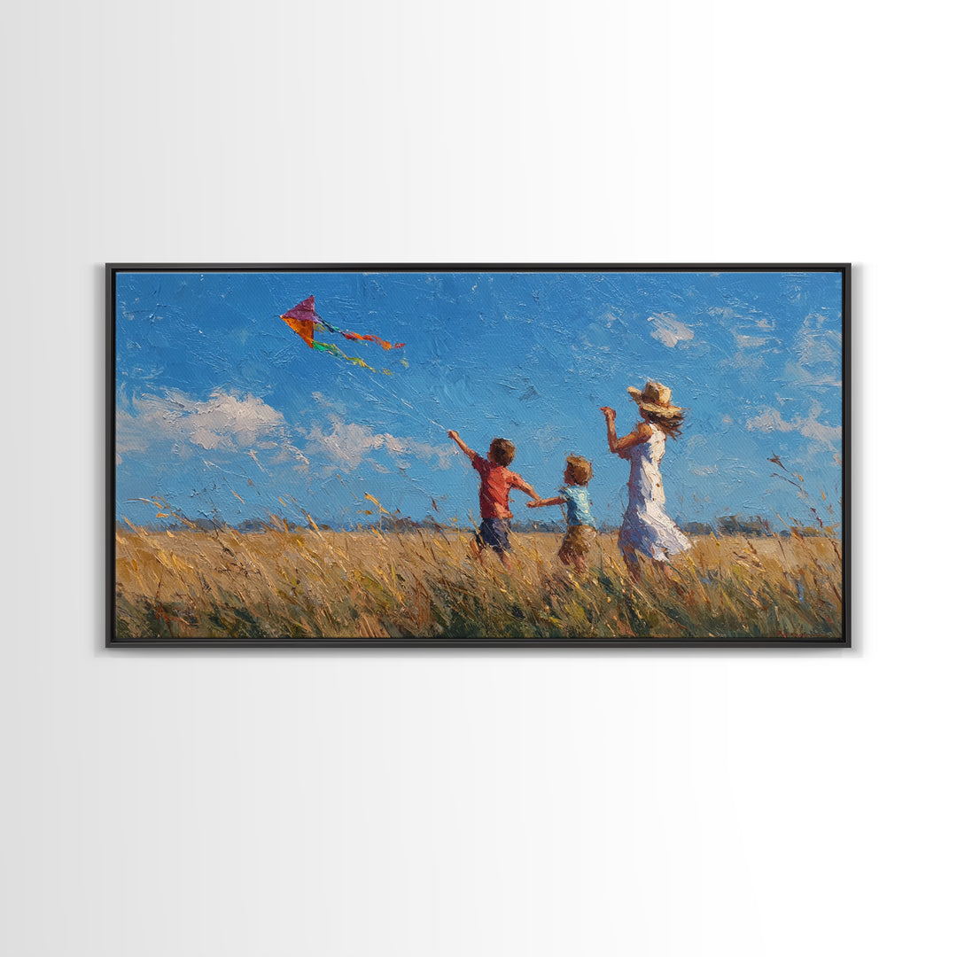 Mother And Sons Flying Kite Canvas Print, Sunny Grassland Wall Art, Family Home Decor, Nursery Art, Housewarming Gift For Mom