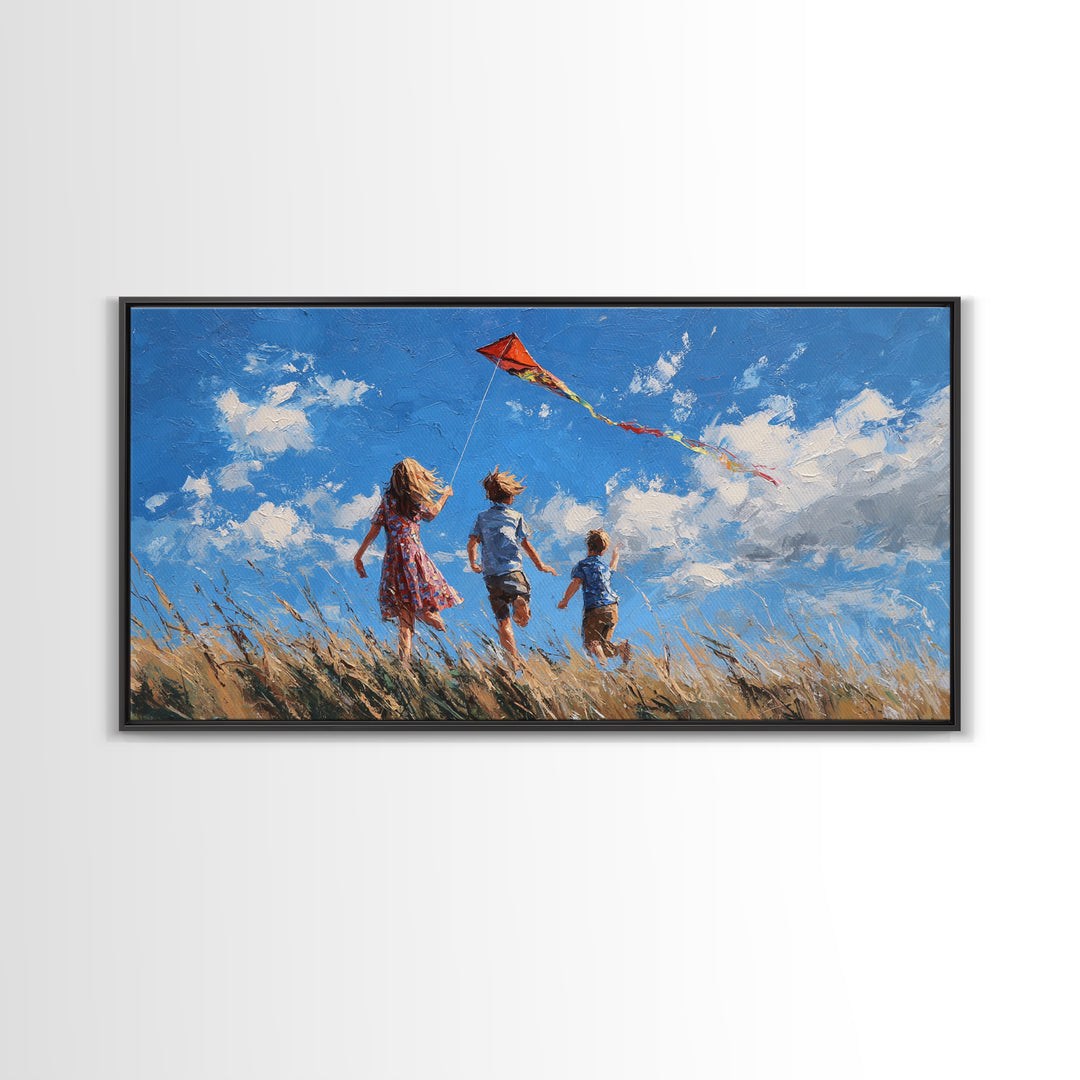 Three Children Chase Red Kite Canvas Print, Breezy Summer Field Wall Art, Kids Room Decor, Coastal Landscape Gift For Her